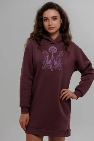 Жіноча туніка-худі Світанок — тепла туніка з футеру з начісом, фіолетово-коричнева, довгий рукав, стильний принт Жіноча туніка-худі Світанок — тепла туніка з футеру з начісом, фіолетово-коричнева, довгий рукав, стильний принт