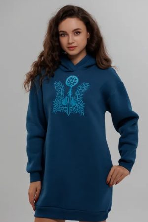 Жіноча туніка-худі Світанок — тепла туніка з футеру з начісом у кольорі морська хвиля, довгий рукав, стильний принт Жіноча туніка-худі Світанок — тепла туніка з футеру з начісом у кольорі морська хвиля, довгий рукав, стильний принт