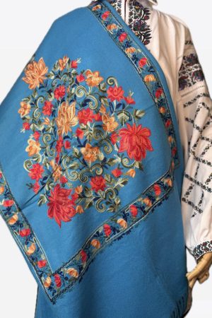 Палантин / шарф кашеміровий вишитий синій теплий м’який 100% кашемір 70×200 см