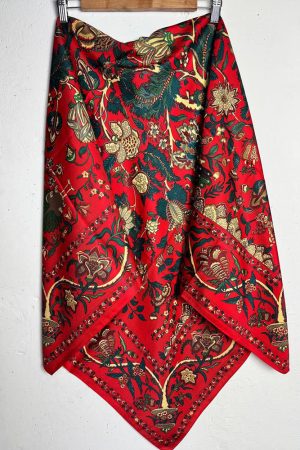 Палантин / шарф шовковий з орнаментальним візерунком червоний, 100% шовк 130×130 см