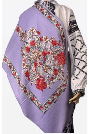 Палантин / шарф кашеміровий вишитий лавандовий теплий м’який 100% кашемір 70×200 см
