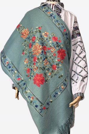 Палантин / шарф кашеміровий вишитий сіро-зелений теплий м’який 100% кашемір 70×200 см