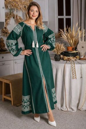 Жіноча вишита сукня “Зірка” смарагдова (з білою вишивкою)