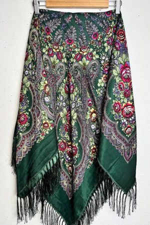 Українська вовняна хустка зелена з квітковим орнаментом і китицями 115×115 см