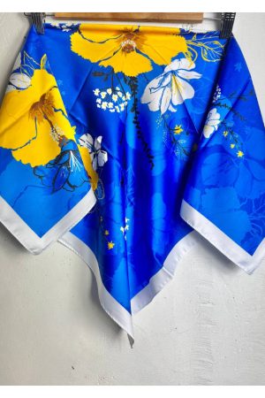 Українська патріотична хустка синя з жовто-білим квітковим орнаментом 70×70 см