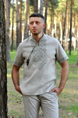 Чоловіча вишиванка з коротким рукавом із натурального льону | Лляна вишита сорочка 100% льон