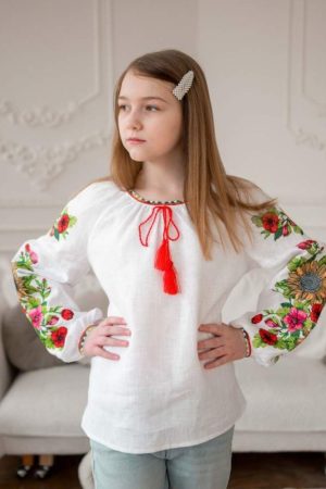 Дитяча вишиванка для дівчинки «Соняхи» на домотканому полотні