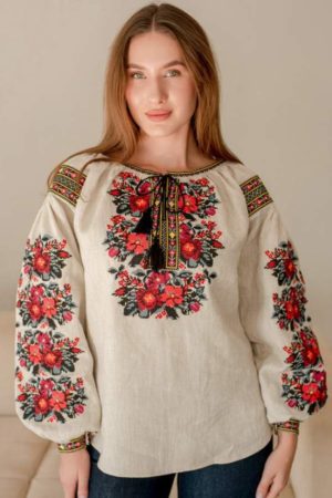 Женская льняная блуза-вышиванка SVARGA «Флояра» айвори | Коллекция «Гуцулия»