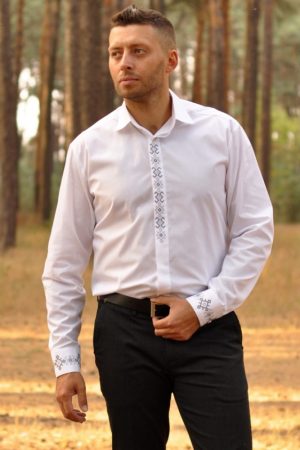 Чоловіча біла сорочка-вишиванка Slim Fit з сіро-чорною вишивкою