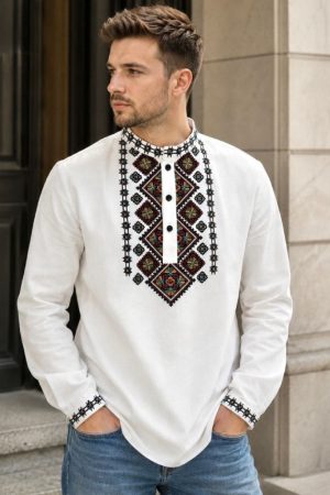 Мужская темно-синяя вышиванка «Эсмеральд» из домотканого полотна