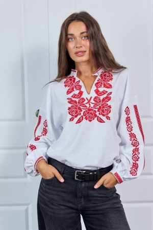Женская белая вышиванка с красной вышивкой из льна и вискозы