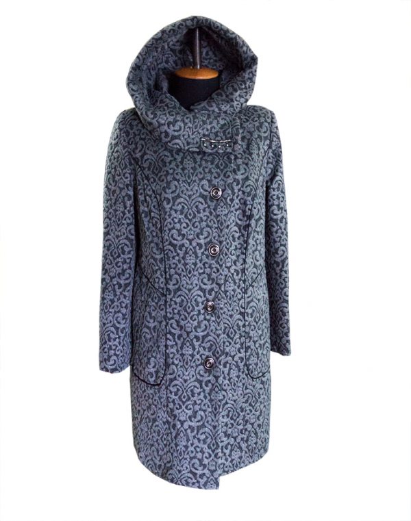 Пальто женское утепленное, модель К-136, из жаккардорого кашемира, серого цвета