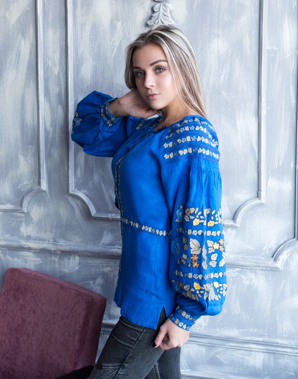 Вышиванка женская из льна "Борщевские краски"  модель Д-88, голубовато-синего цвета