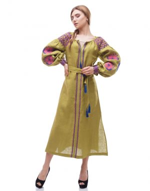 Платье с вышивкой "Барвинок"из льна, модель Д-88-2, горохового цвета