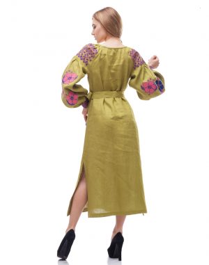 Сукня з вишивкою "Барвінок" із льону, модель Д-88-2, горохового кольору (attach1 76785)