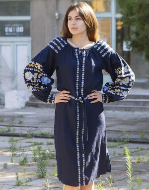 Платье вышитое "Борщевские краски" из льна, модель Д-88-2, темно-синего цвета (attach1 76930)