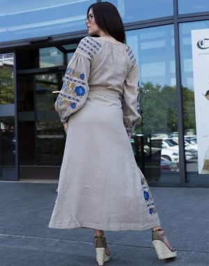 Платье вышитое "Борщевские краски" из льна, модель Д-88-4, бежевого цвета (attach1 76963)