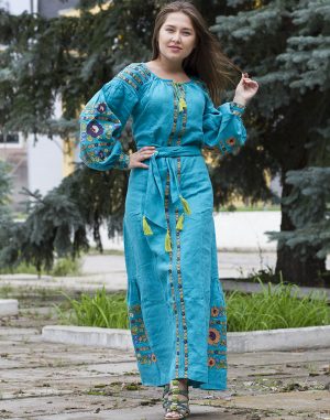 Платье вышитое "Борщевские краски" из льна, модель Д-88-4, бирюзового цвета