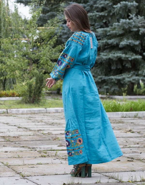 Платье вышитое "Борщевские краски" из льна, модель Д-88-4, бирюзового цвета