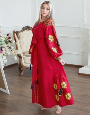 Платье с вышивкой "Барвинок" из льна, модель Д-88-4, красного цвета (attach1 76780)