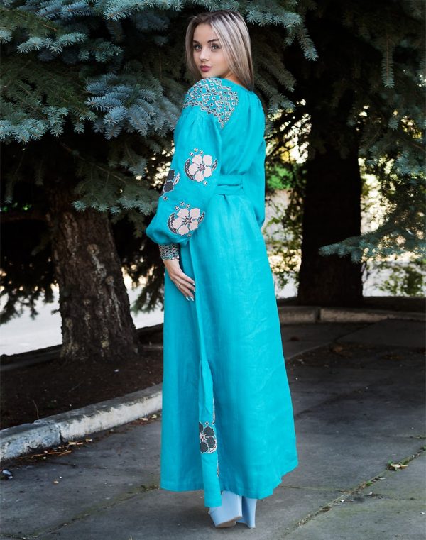 Платье с вышивкой "Барвинок" из льна, модель Д-88-4, бирюзового цвета