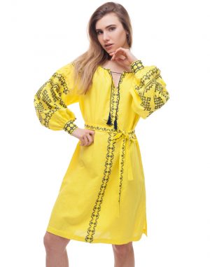 Сукня вишита "Подоляночка" з льону, модель Д-88-1, жовтого кольору (attach1 77495)