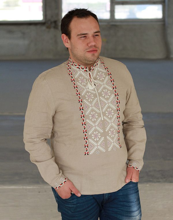 Вышиванка мужская "Сумчанин" из льна, бежевого цвета