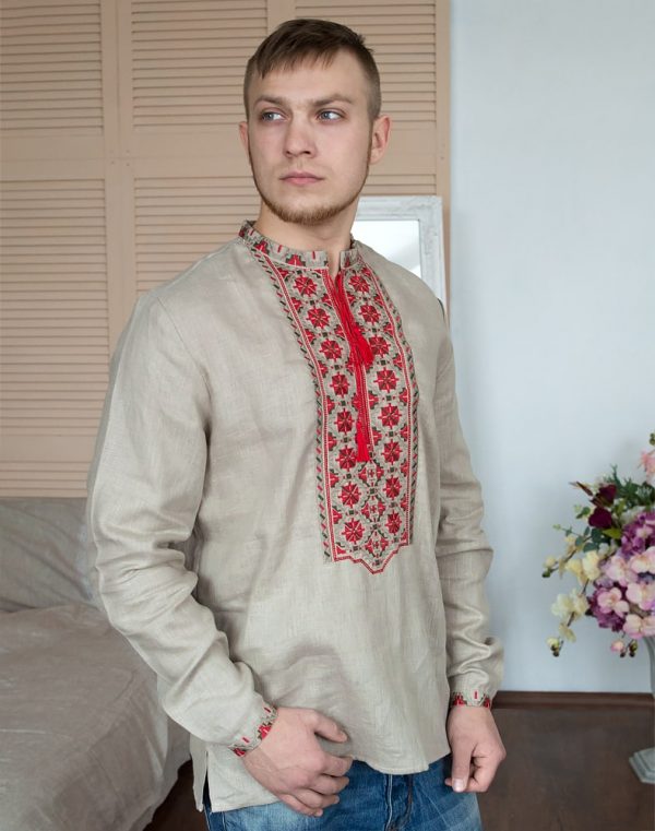 Вышиванка мужская "Черниговские узоры" из льна, бежевого цвета
