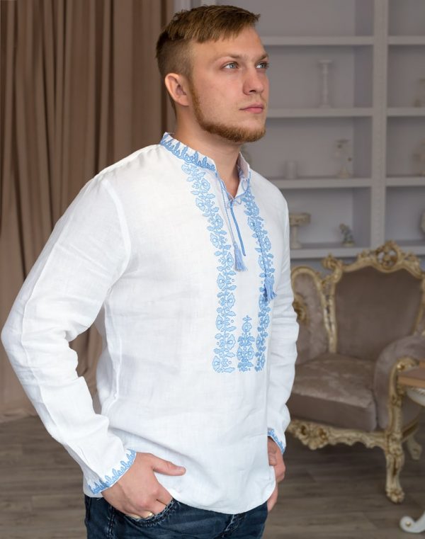 Вышиванка мужская "Козацька" из льна, белого цвета