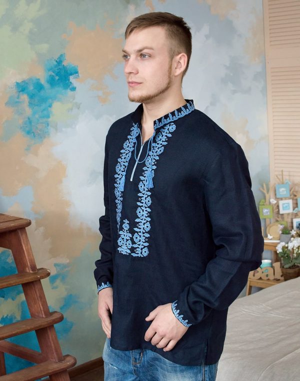Вышиванка мужская "Козацька" из льна, темно-синего цвета