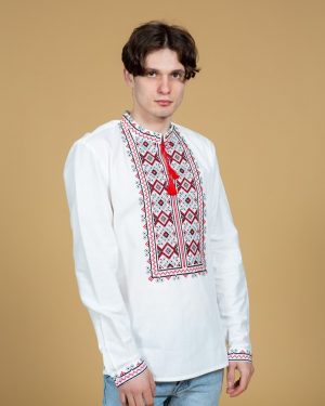 Вышитая мужская сорочка "Баранчики" из льна, белого цвета