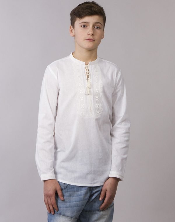 Вишиванка для хлопчиків "Дубочок" з бавовни, зріст 098-116, білого кольору