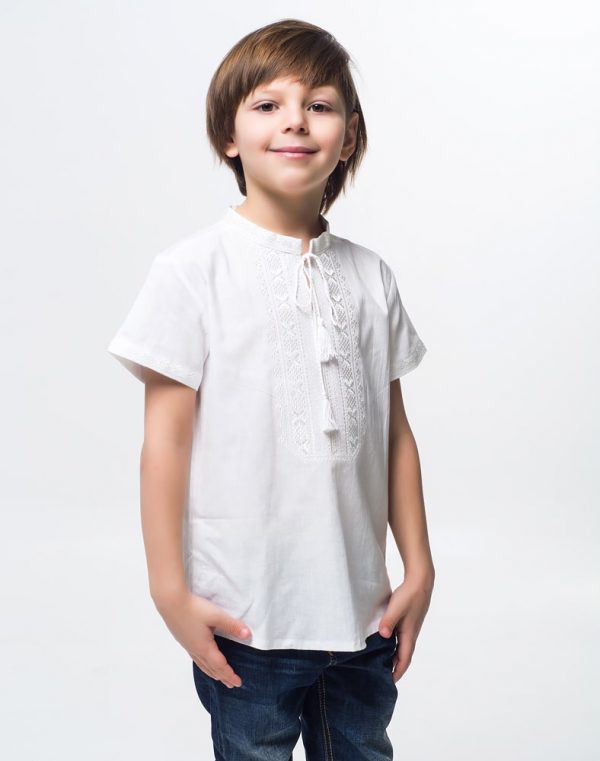 Вышиванка для мальчика "Дубочек" из хлопка, рост 122-140, белого цвета