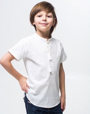 Вышиванка для мальчика "Дубочек" из хлопка, рост 146-164, белого цвета