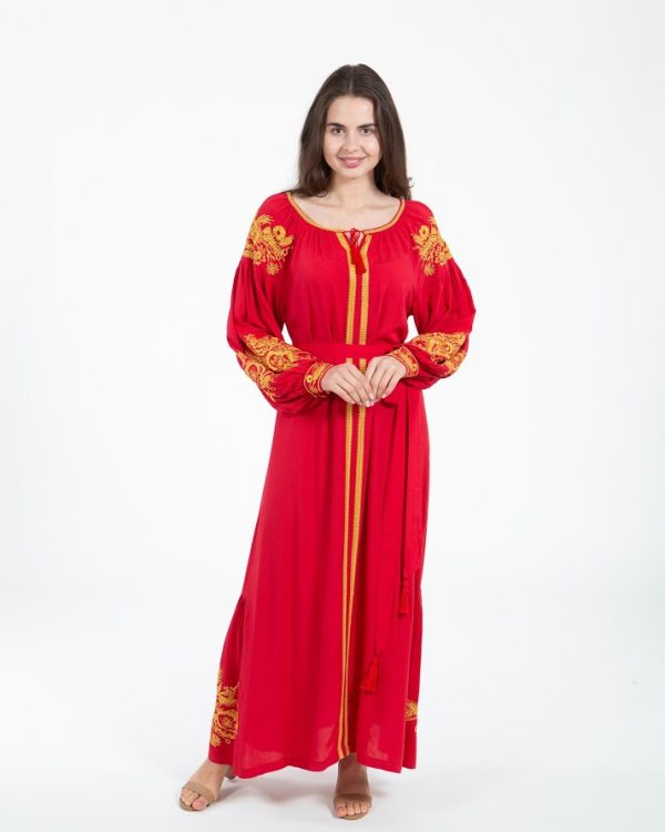 Платье вышитое "Ржаные колосья" из поплина, модель Д-88-4, красного цвета