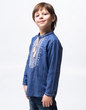 Вышиванка для мальчика "Дубовая ветка" из батиста, рост 146-158, синего цвета