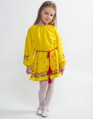 Сукня для дівчинки "Трояндочки" з льону, зріст 122-140, жовтого кольору (attach1 76727)