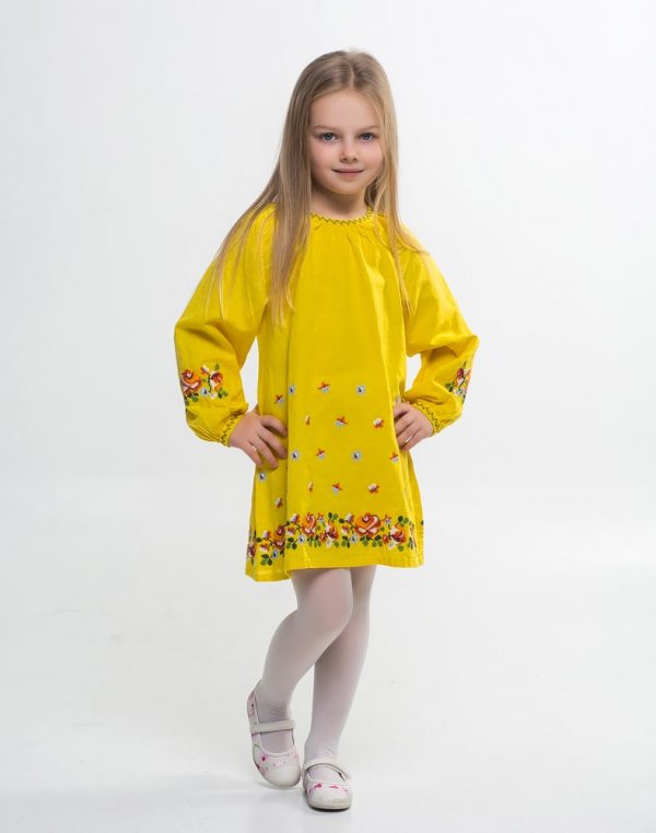 Платье для девочки "Розочки" из льна, рост 122-140, желтого цвета
