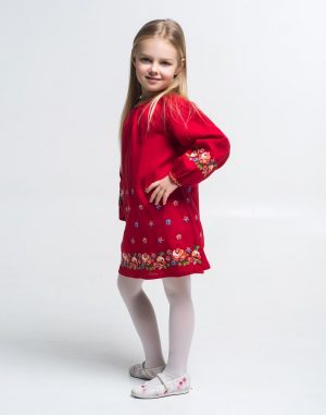 Сукня для дівчинки "Трояндочки" з льону, зріст 122-140, червоного кольору