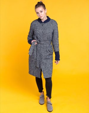 Пальто жіноче утеплене, модель В-131, з твиду у ялинку, темно-синього кольору