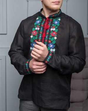 Вышиванка мужская "Борщевские краски" из льна, черного цвета