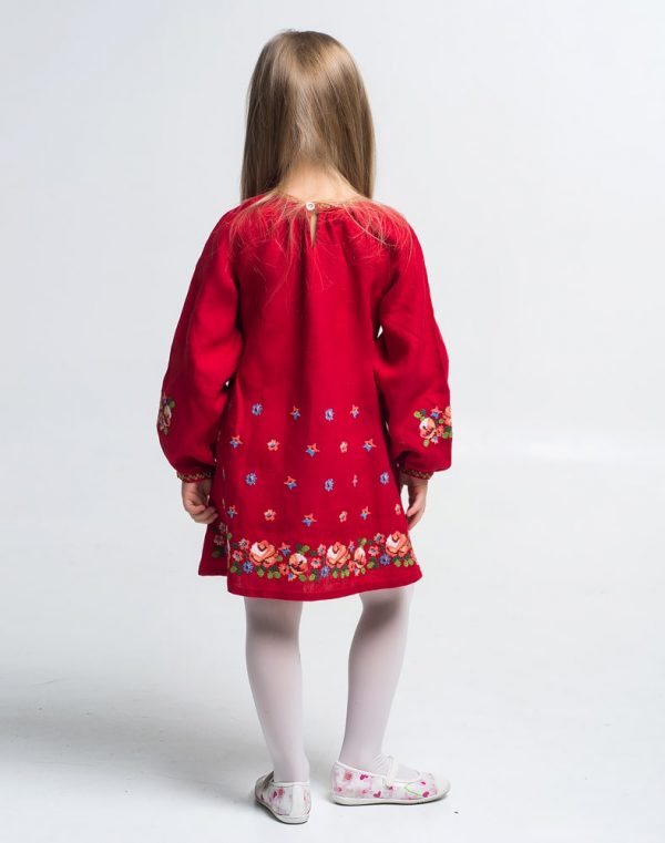 Платье для девочки "Розочки" из льна, рост  098-116, красного цвета