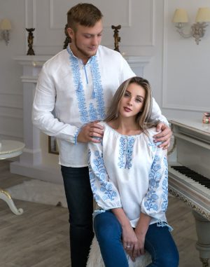 Вишиванка чоловіча та вишиванка жіноча "Козацька" з льону, білого кольору