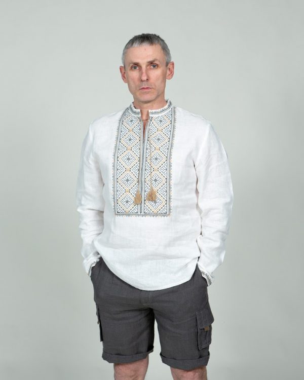 Вышиванка мужская "Петрович", из льна, белого цвета