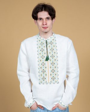 Вышиванка мужская " Опешнянськие мотивы" из льна, белого цвета