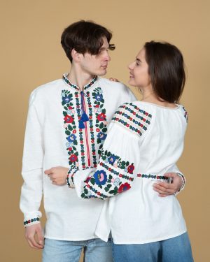 Вышиванка мужская "Борщевские краски" и вышиванка женская "Борщевские краски" из льна, белого цвета