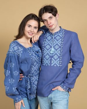 Вышиванка мужская  и вышиванка женская "Сумские узоры" из льна, джинсового цвета